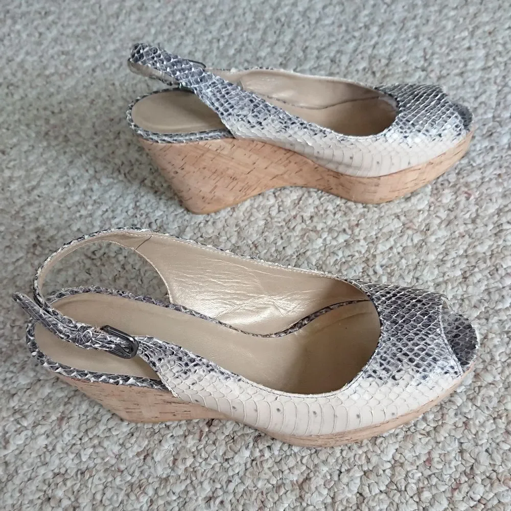 Stuart Weitzman Jean Snake-Embossed Leather Slingback Wedge Sandal Size 8M